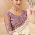 Cream Embroidered Designer Saree with Lavender Blouse