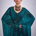 Teal Green Organza Saree Black Floral Embroidery Designer Saree