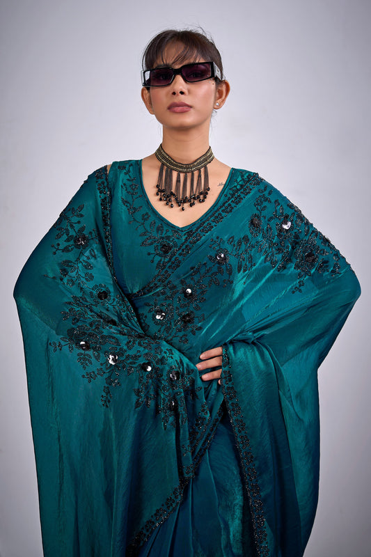 Teal Green Organza Saree Black Floral Embroidery Designer Saree