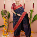 Navy Blue Silk Saree Red Woven Border Traditional Design