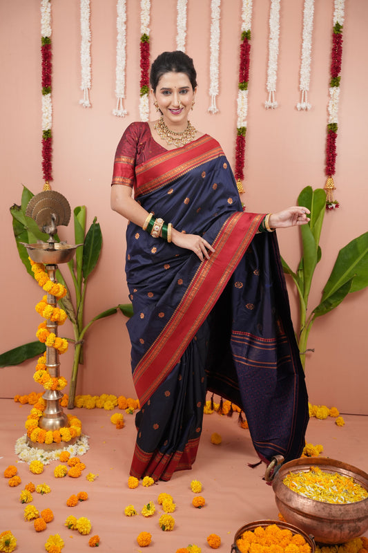 Navy Blue Silk Saree Red Woven Border Traditional Design