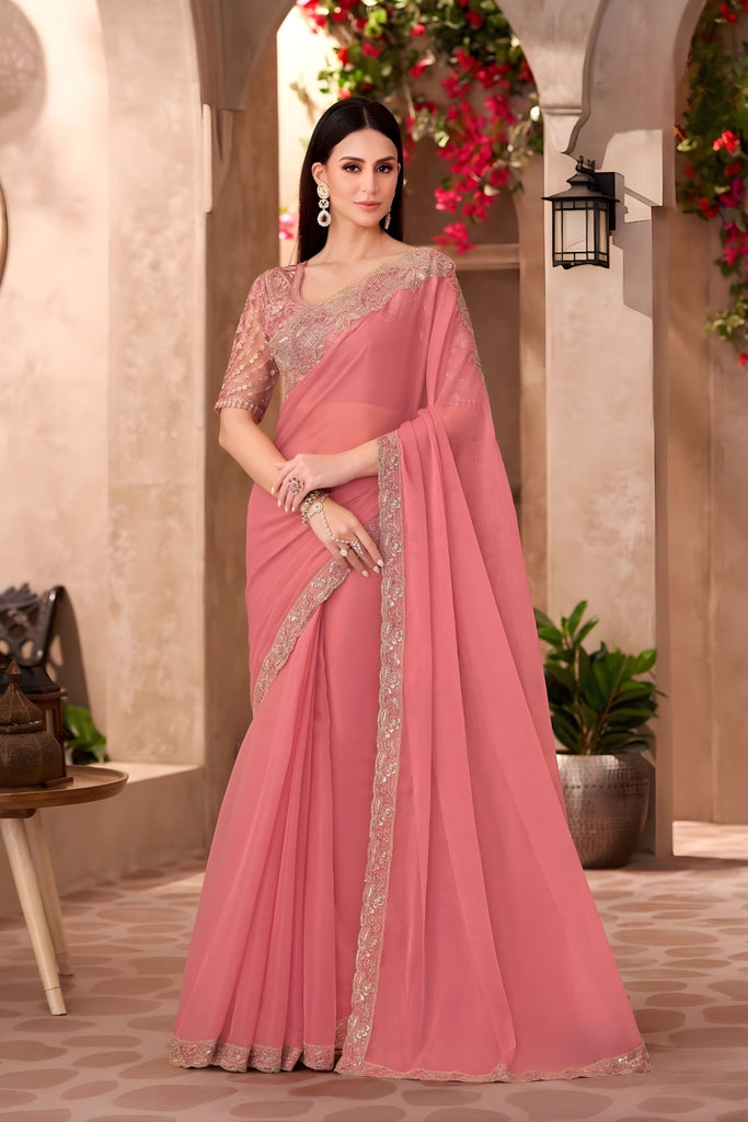 Peach Pink Georgette Saree with Heavy Embroidered Lace Border