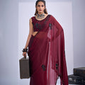 Maroon Organza Saree Black Floral Embroidery Designer Party Wear Saree