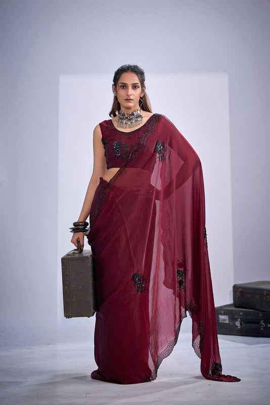 Maroon Organza Saree Black Floral Embroidery Designer Party Wear Saree