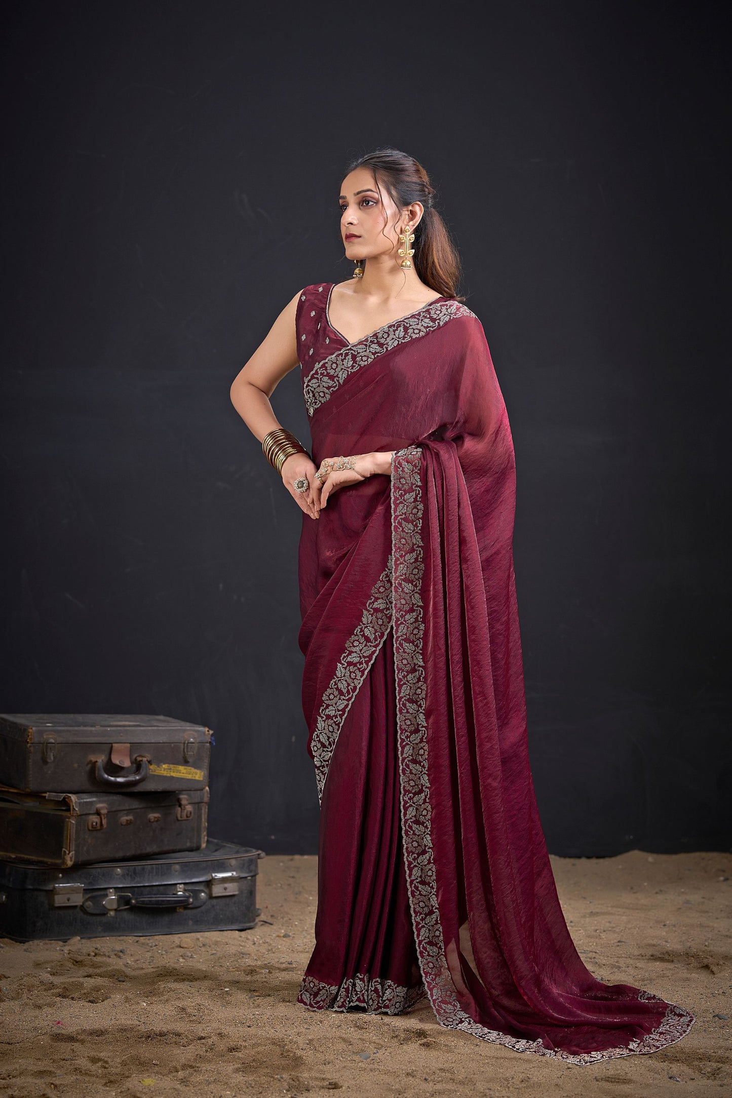 Maroon Silk Saree Antique Silver Zari Border Party Wear Saree