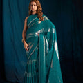 Teal Green Satin Silk Saree with Metallic Zari Designer Party Wear