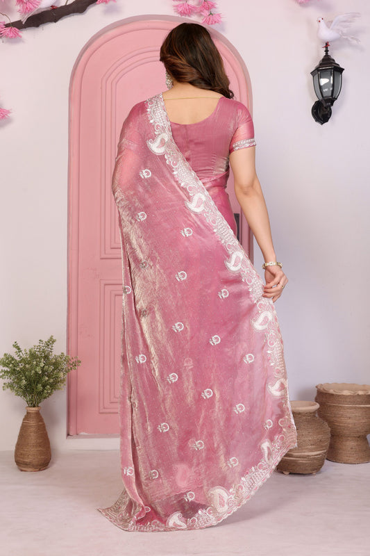 Designer Pink Embroidered Saree with Blouse Party Wear