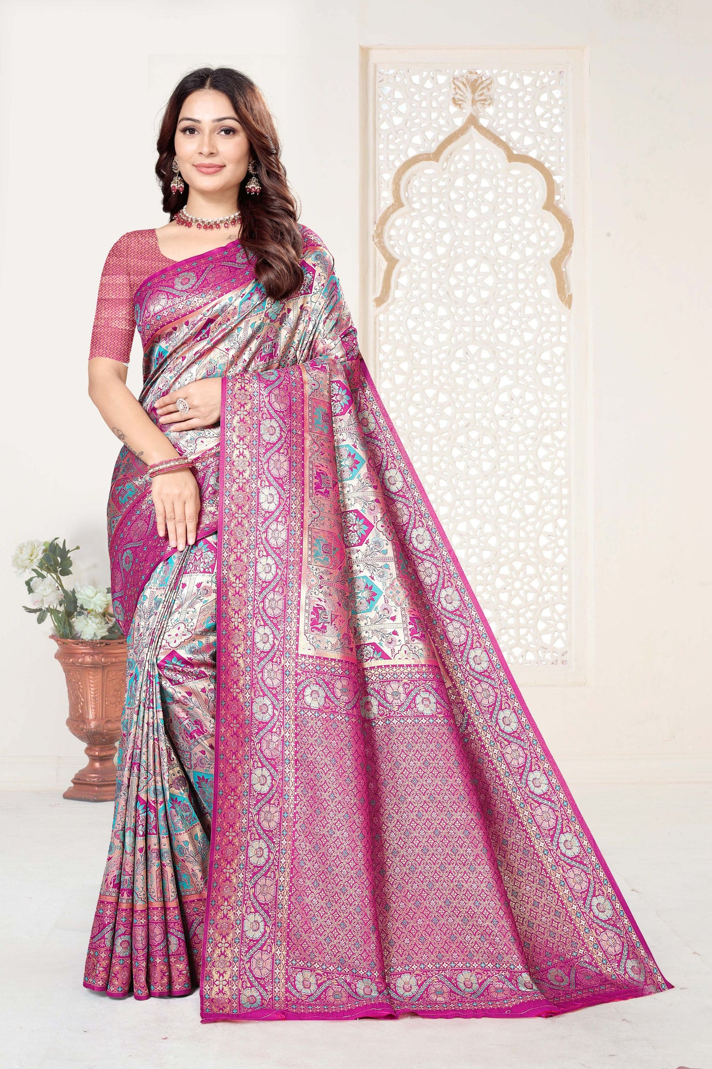 Rani Pink and Sky Blue Banarasi Silk Saree with Rich Zari Woven Design