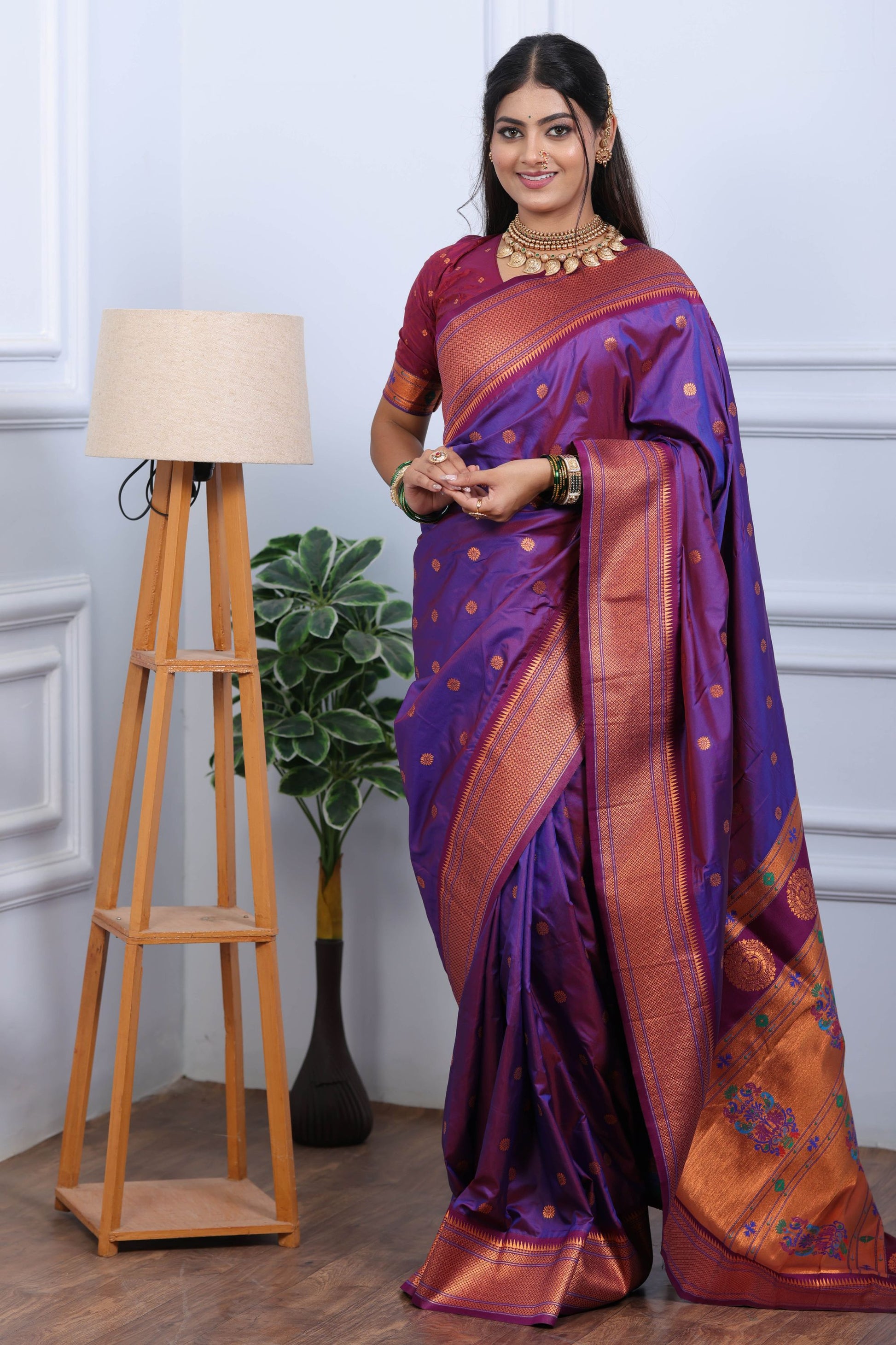 Purple Kanjivaram Silk Saree with Gold Zari Border Butti Work