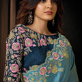 Teal Blue Floral Embroidered Designer Saree with Fancy Blouse