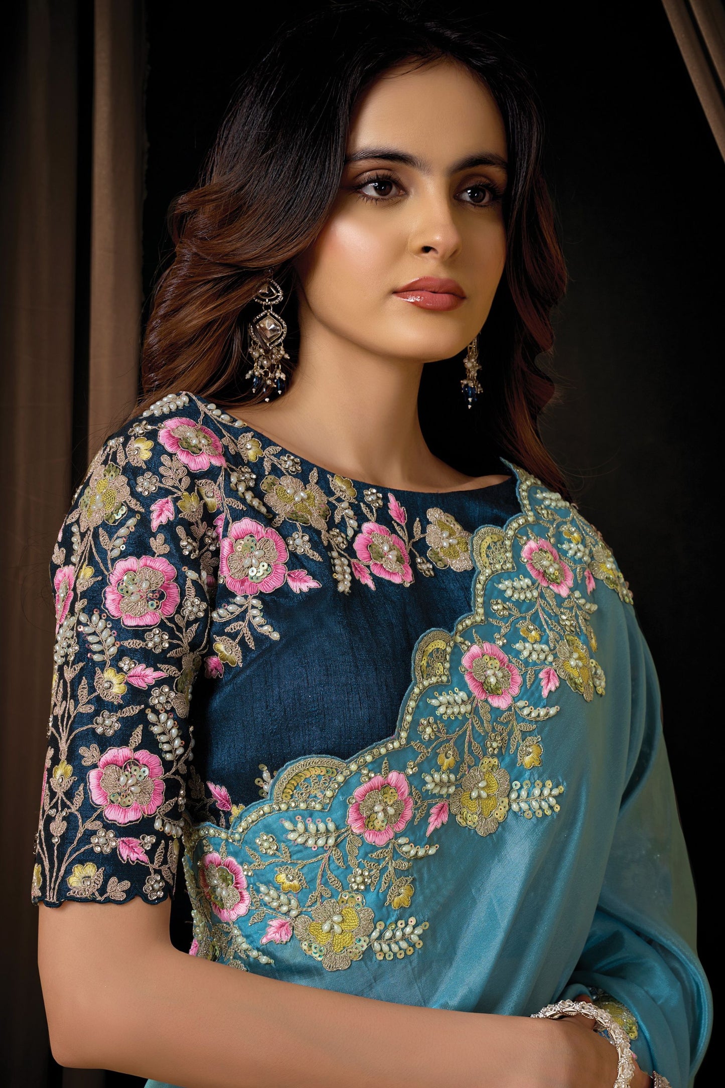 Teal Blue Floral Embroidered Designer Saree with Fancy Blouse
