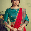 Designer Red Green Zari Satin Saree Embroidery Border Festive Wear Saree