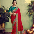 Designer Red Green Zari Satin Saree Embroidery Border Festive Wear Saree