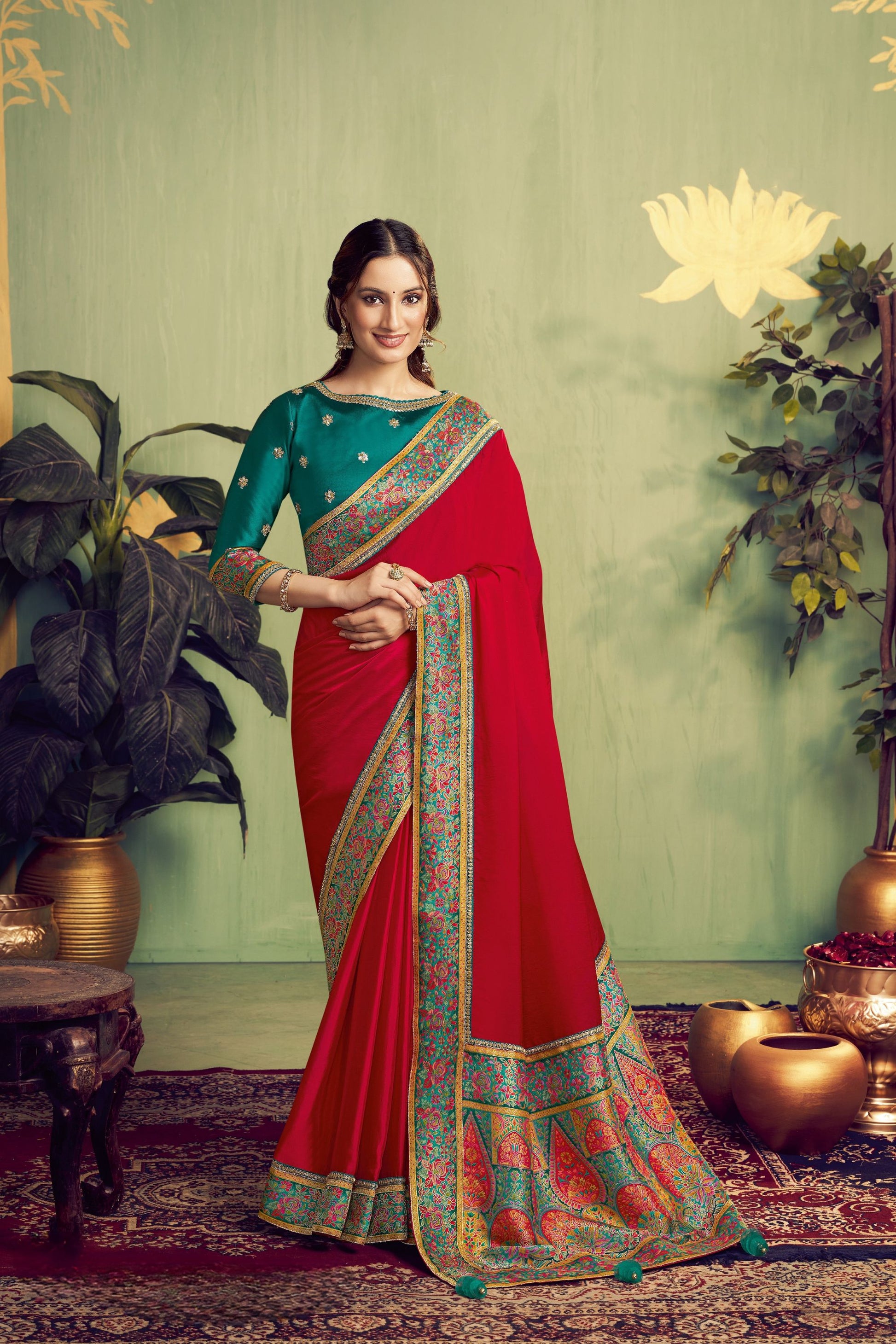 Designer Red Green Zari Satin Saree Embroidery Border Festive Wear Saree
