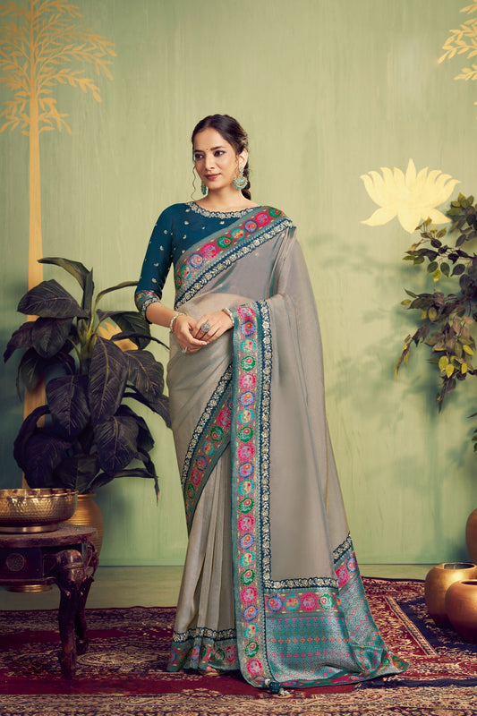 Grey Rangkat Woven Upada Silk Saree with Multicolor Embroidered Border