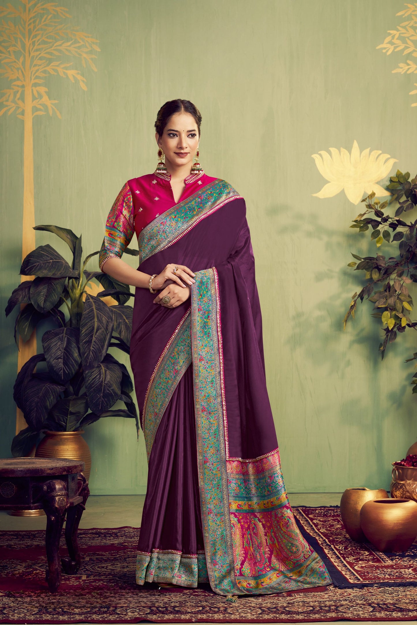 Wine Purple Woven Silk Saree with Multicolor Designer Pallu