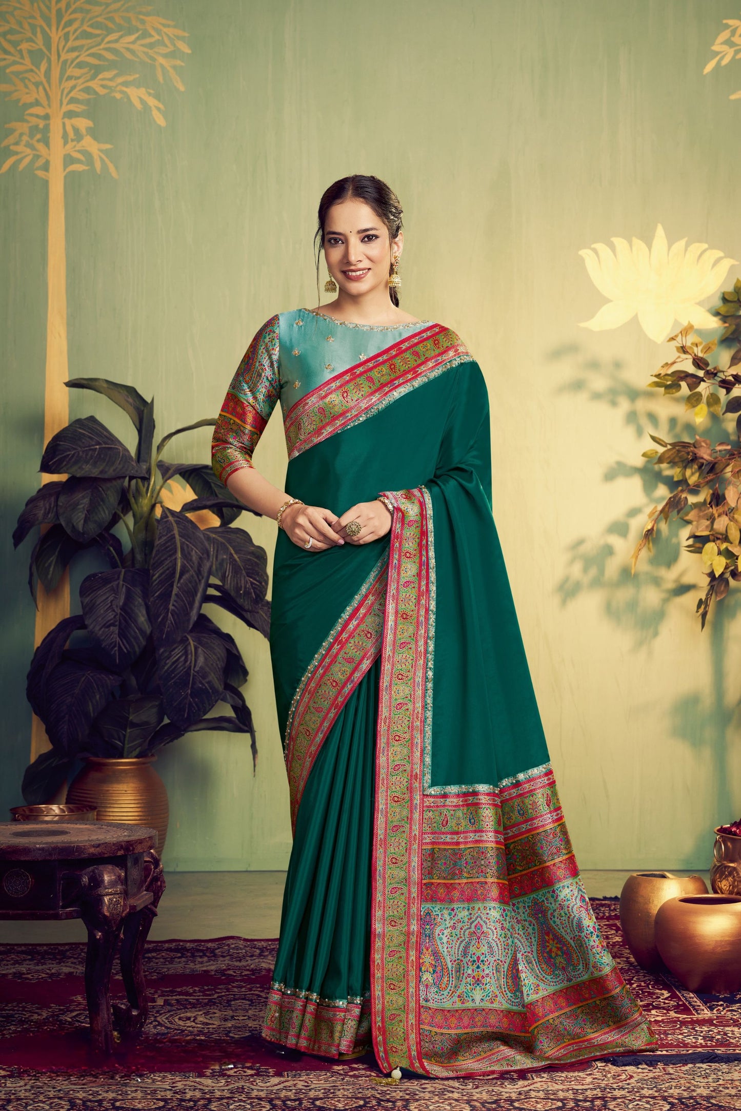  Green Woven Silk Saree with Multicolor Zari Border Designer Pallu 