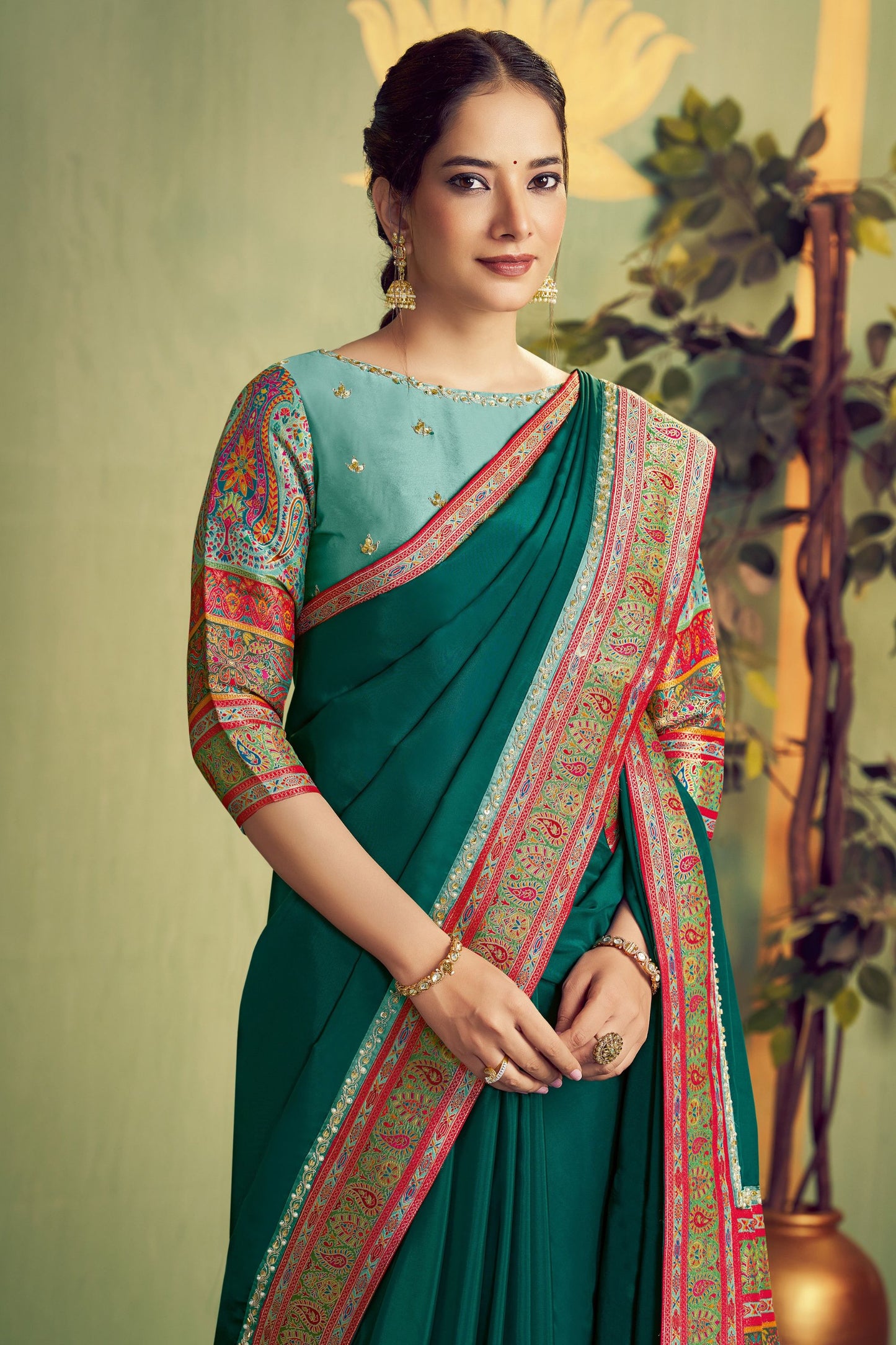 Green Woven Silk Saree with Multicolor Zari Border Designer Pallu