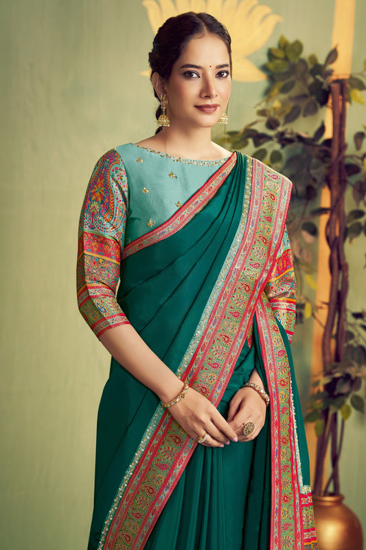 Green Woven Silk Saree with Multicolor Zari Border Designer Pallu
