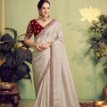 Off-White Silk Saree with Maroon Embroidered Border Designer Blouse 