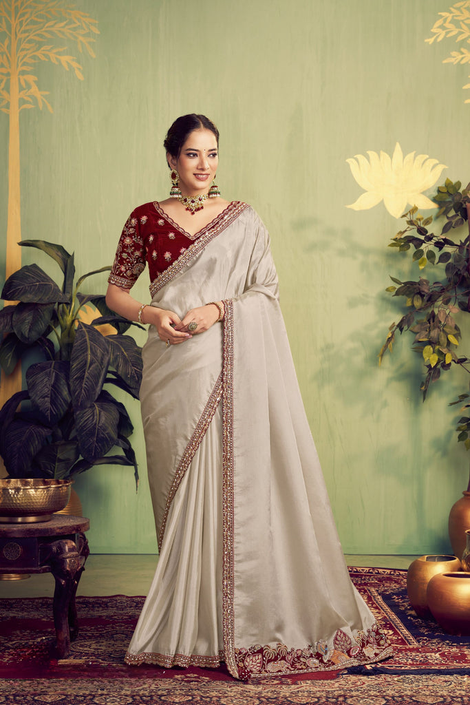 Off-White Silk Saree with Maroon Embroidered Border Designer Blouse 