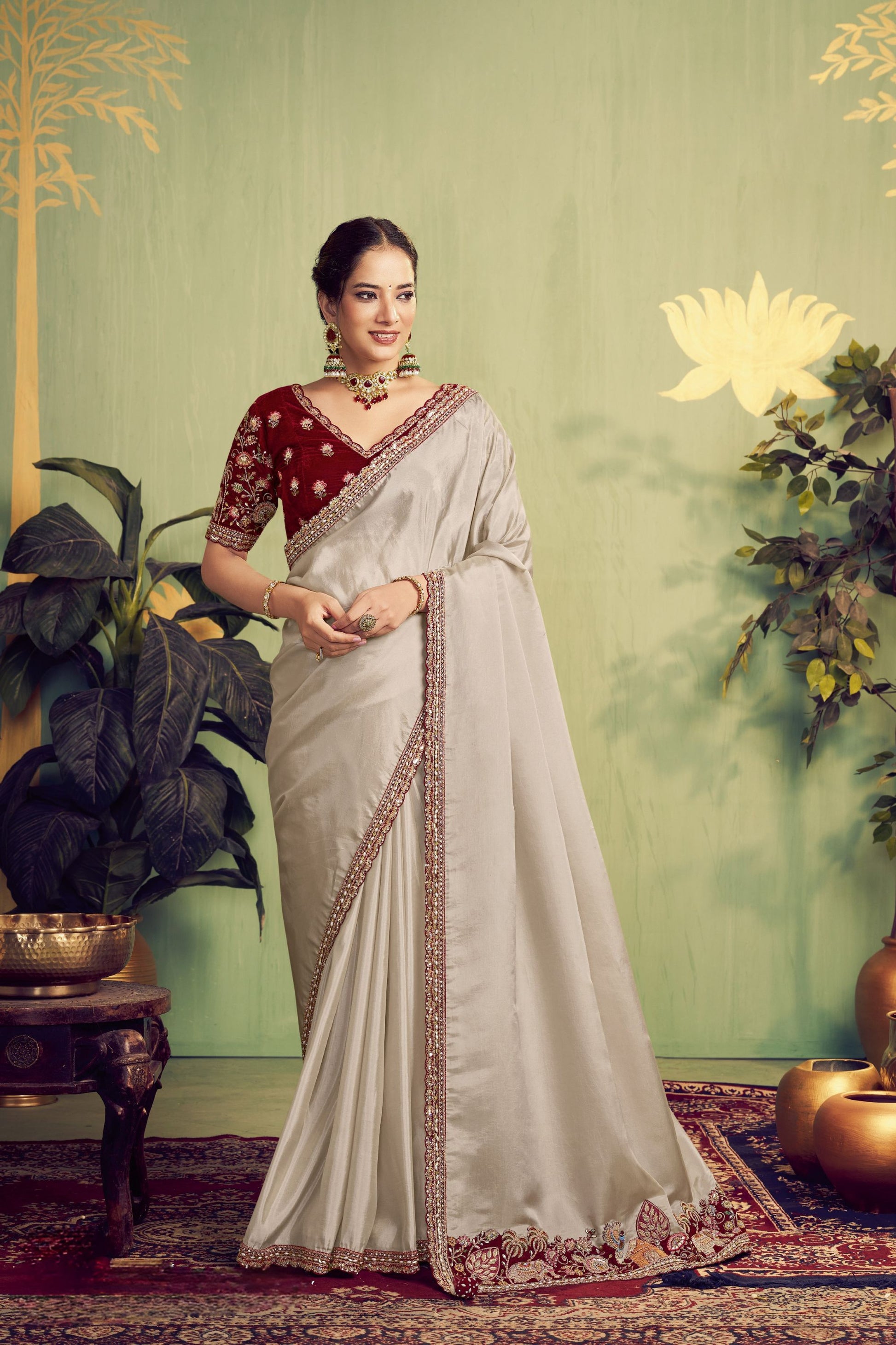 Off-White Silk Saree with Maroon Embroidered Border Designer Blouse 