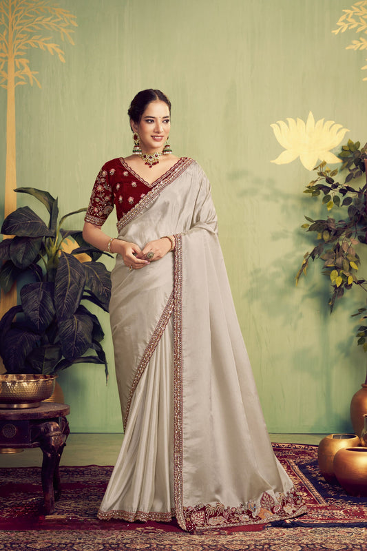 Off-White Silk Saree with Maroon Embroidered Border Designer Blouse 