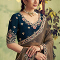 Olive Green Silk Saree with Embroidered Border Designer Blouse