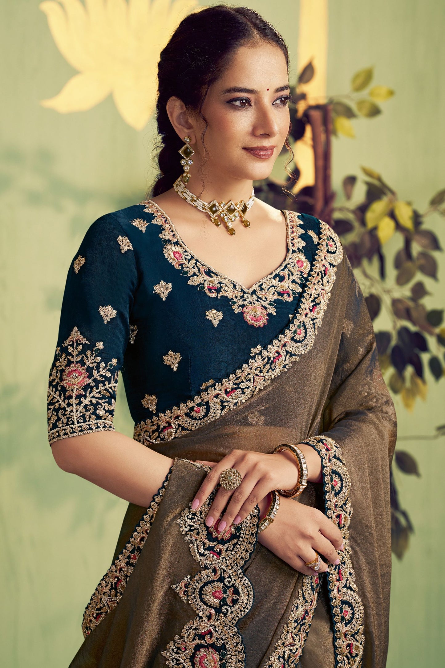 Olive Green Silk Saree with Embroidered Border Designer Blouse