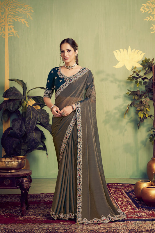 Olive Green Silk Saree with Embroidered Border Designer Blouse 