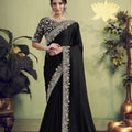 Black Embroidered Silk Saree with Floral Border Designer Blouse 