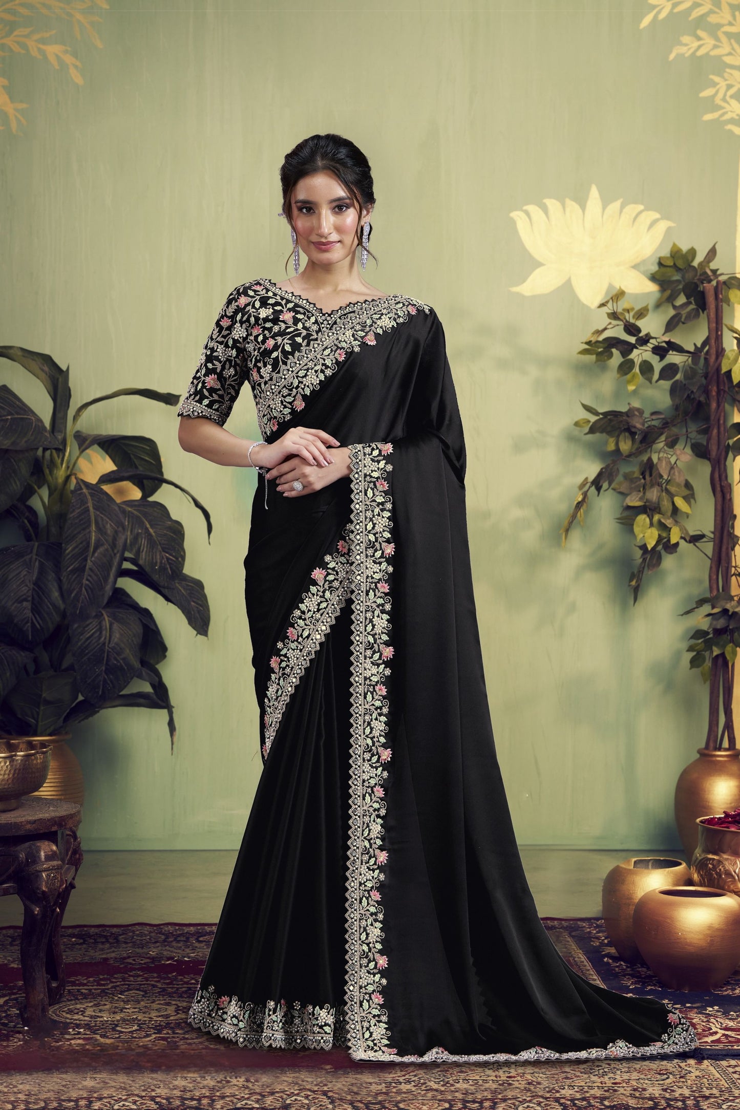 Black Embroidered Silk Saree with Floral Border Designer Blouse 