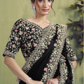 Black Embroidered Silk Saree with Floral Border Designer Blouse
