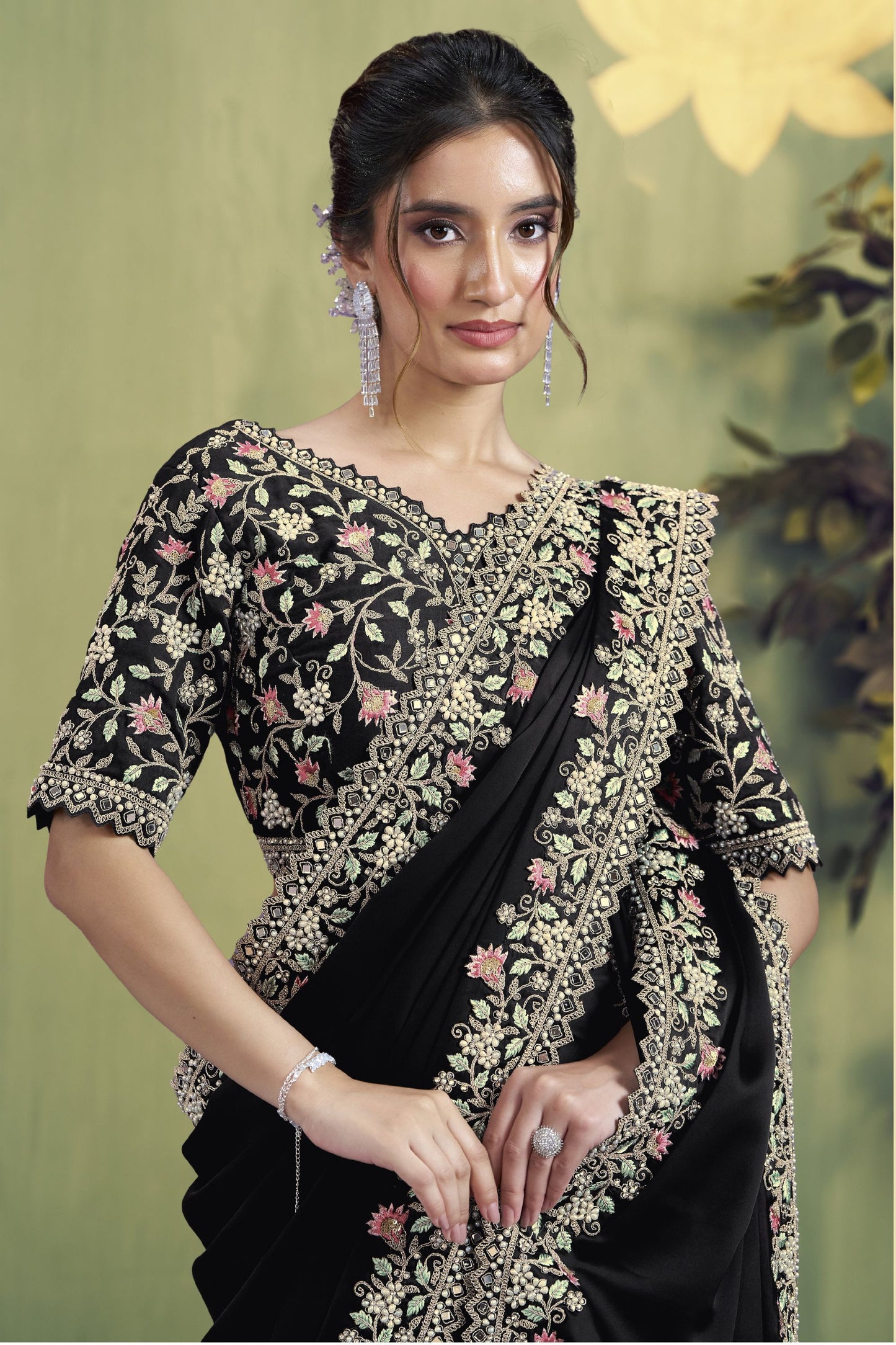 Black Embroidered Silk Saree with Floral Border Designer Blouse