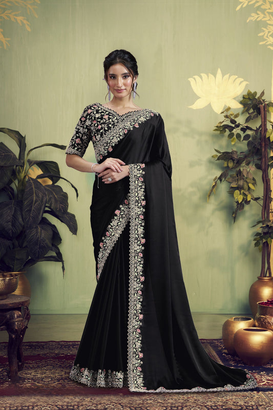 Black Embroidered Silk Saree with Floral Border Designer Blouse 