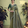 Olive Green Silk Saree with Floral Embroidered Border Designer Blouse 