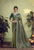 Olive Green Silk Saree with Floral Embroidered Border Designer Blouse 