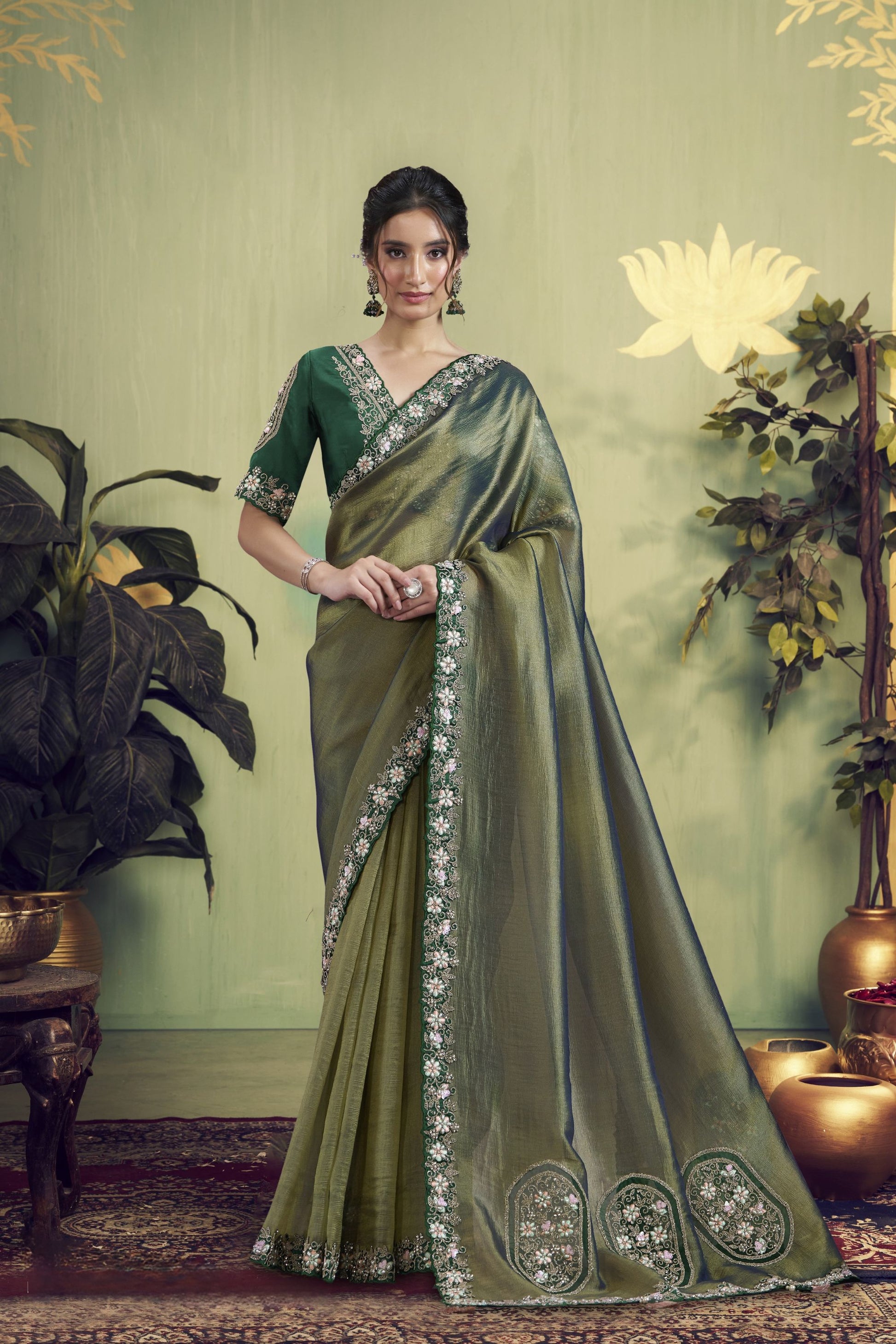 Olive Green Silk Saree with Floral Embroidered Border Designer Blouse 