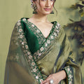 Olive Green Silk Saree with Floral Embroidered Border Designer Blouse