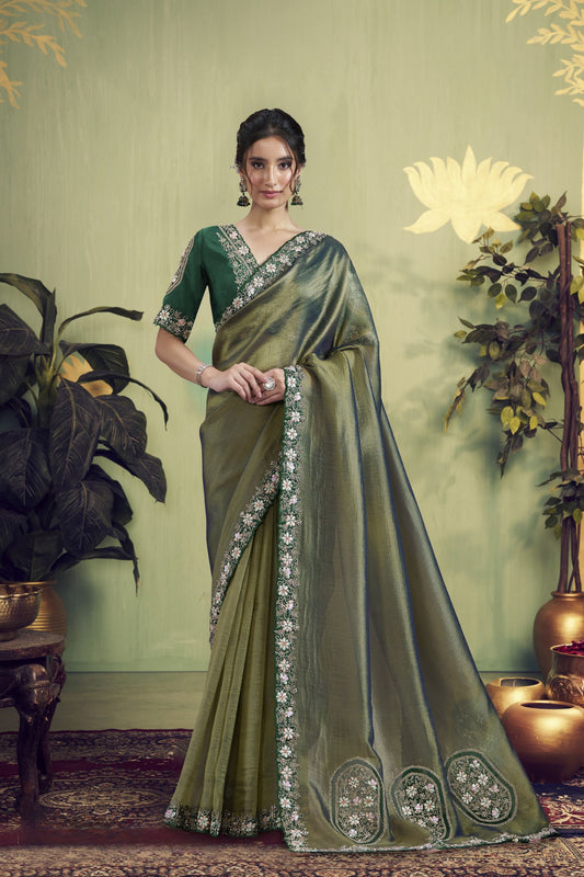 Olive Green Silk Saree with Floral Embroidered Border Designer Blouse 