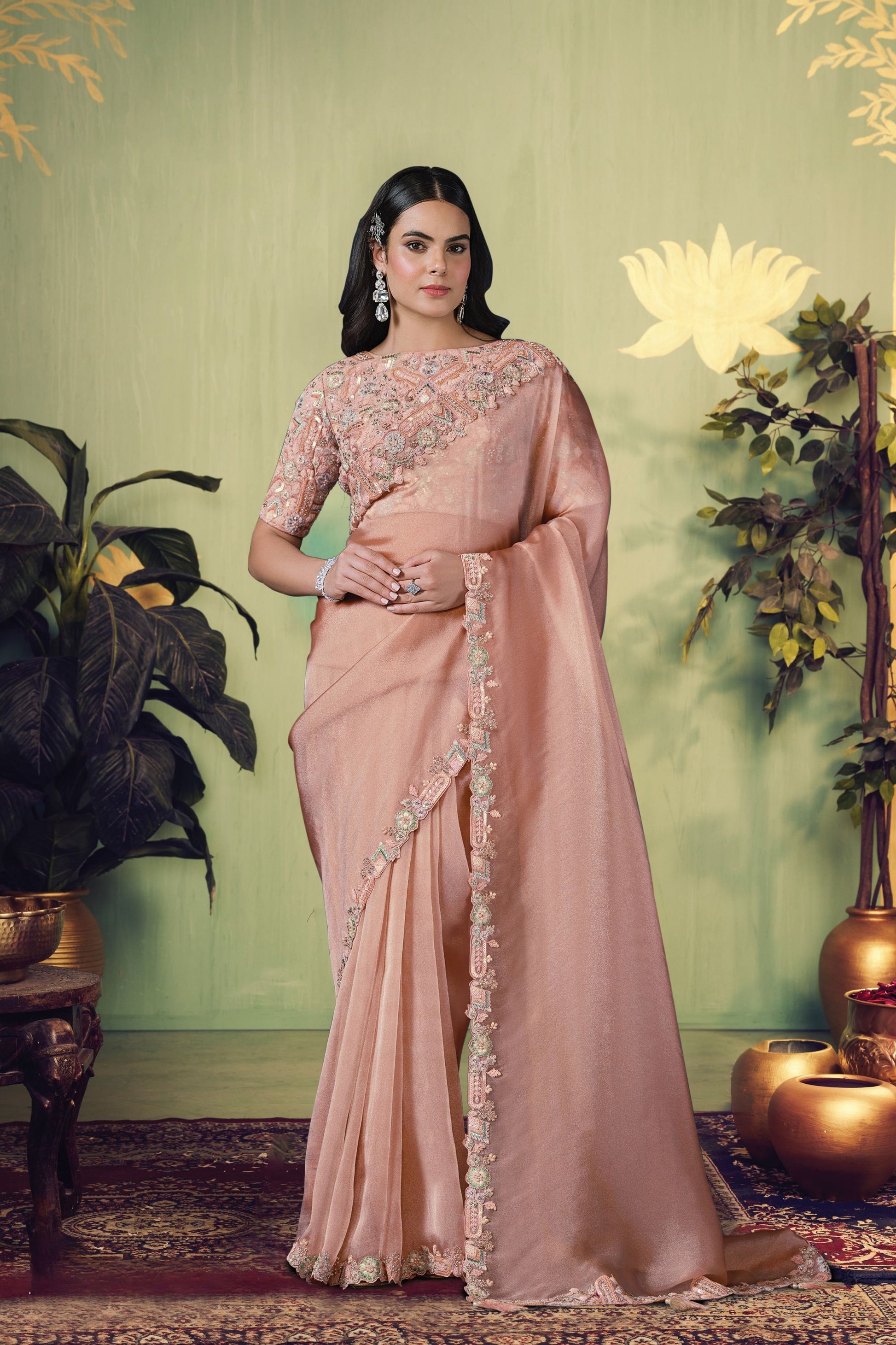  Peach Embroidered Silk Saree with Designer Blouse Festive Wear