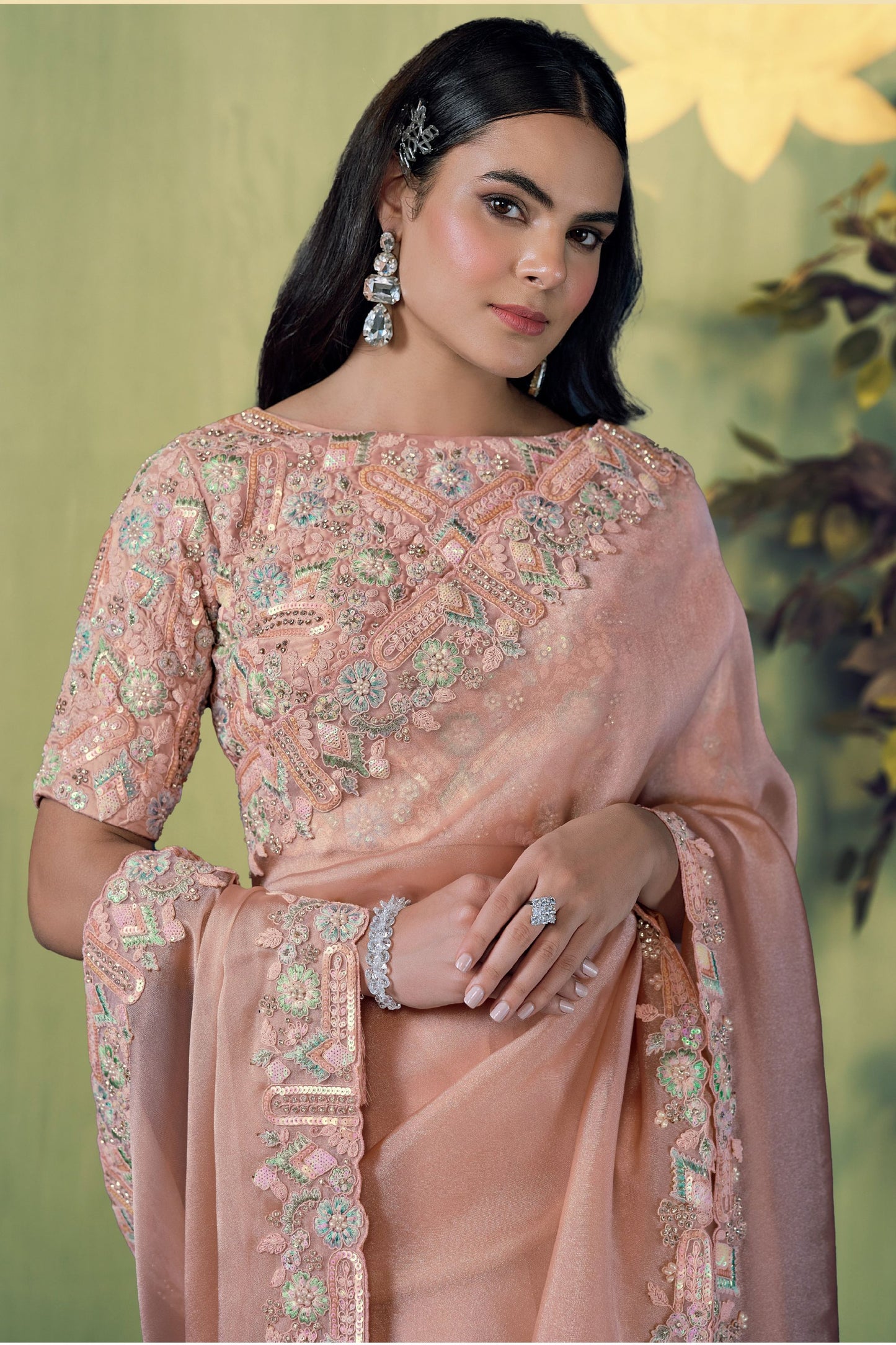Peach Embroidered Silk Saree with Designer Blouse Festive Wear