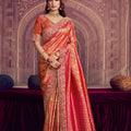 Designer Orange Banarasi Silk Saree with Heavy Rich Pallu