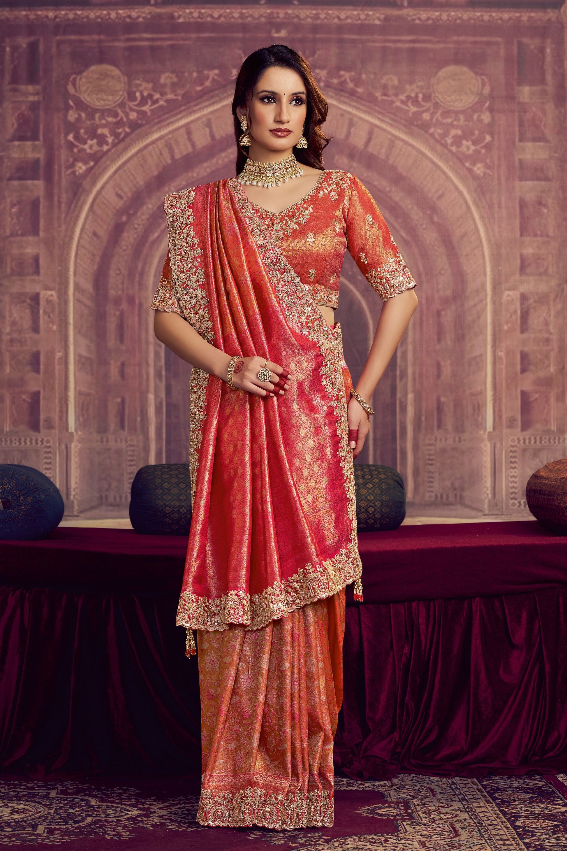 Designer Orange Banarasi Silk Saree with Heavy Rich Pallu 