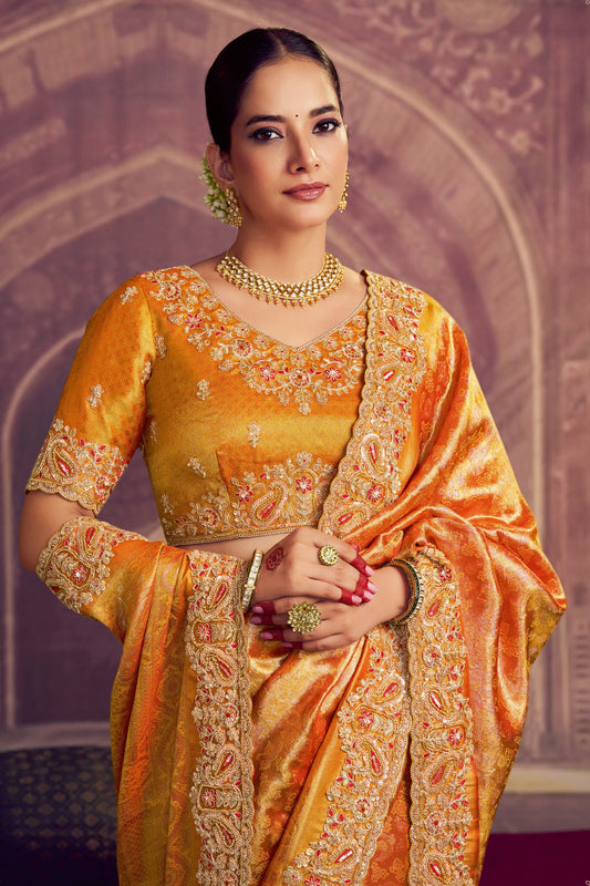 Designer Golden Yellow Banarasi Silk Saree with Heavy Rich Border