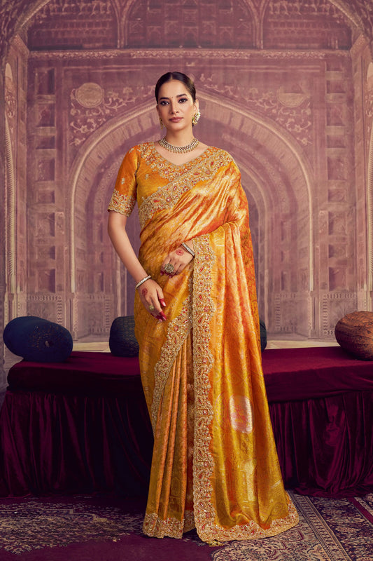 Designer Golden Yellow Banarasi Silk Saree with Heavy Rich Border