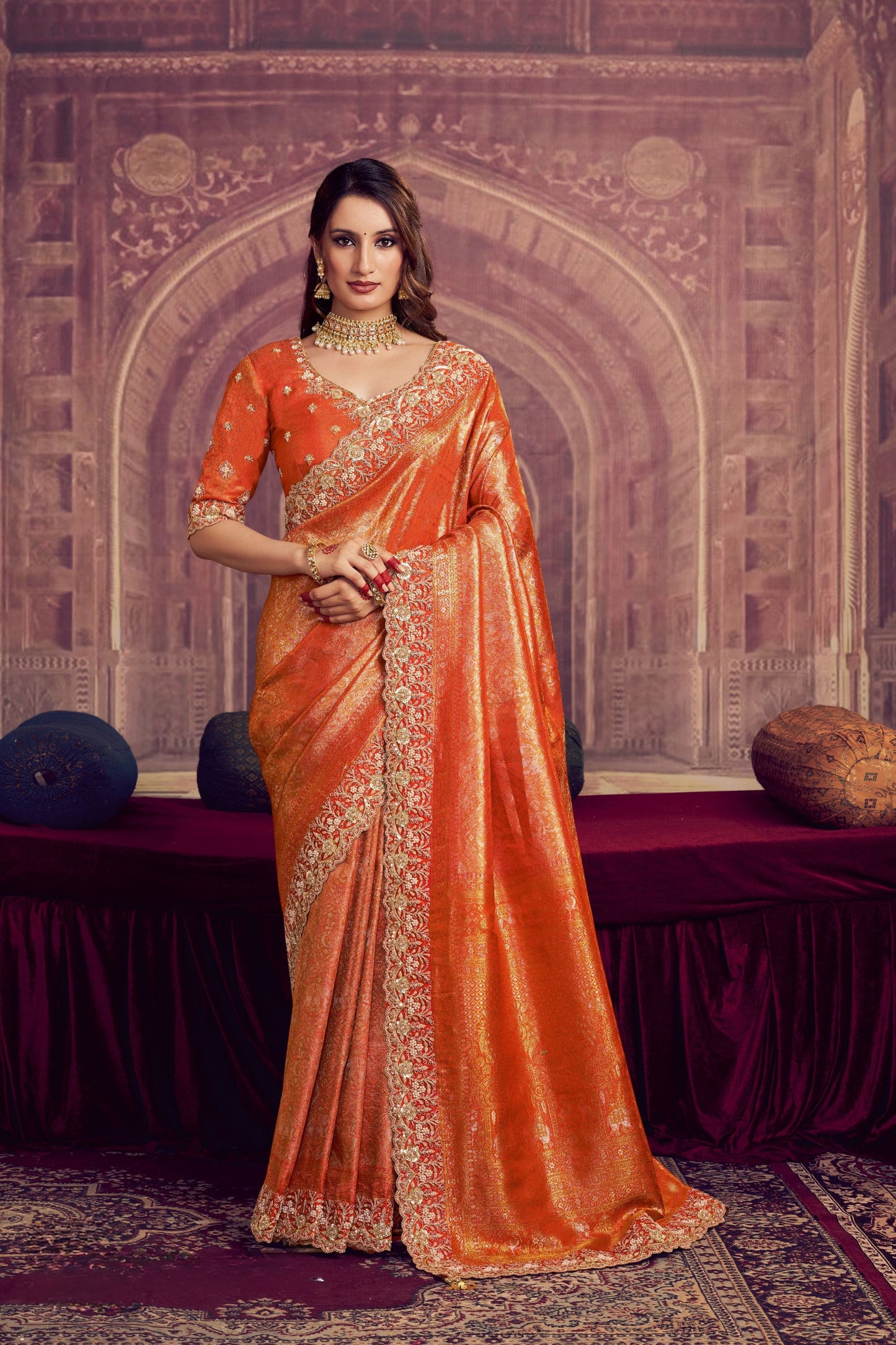 Designer Orange Banarasi Silk Saree with Heavy Rich Border 