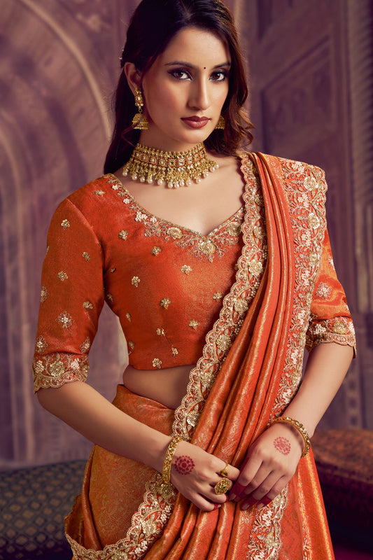 Designer Orange Banarasi Silk Saree with Heavy Rich Border