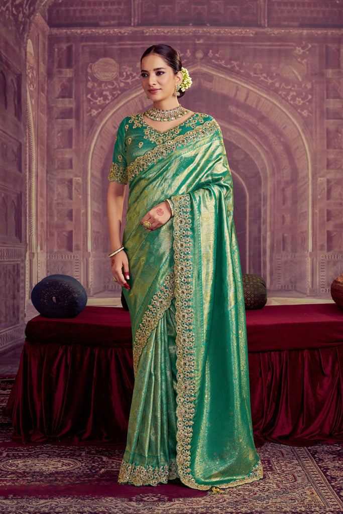 Green Banarasi Silk Saree with Heavy Golden Border 