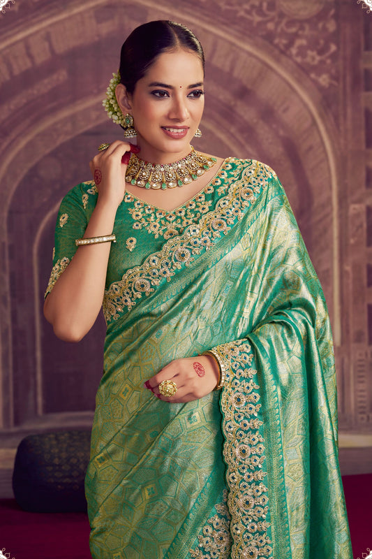 Green Banarasi Silk Saree with Heavy Golden Border